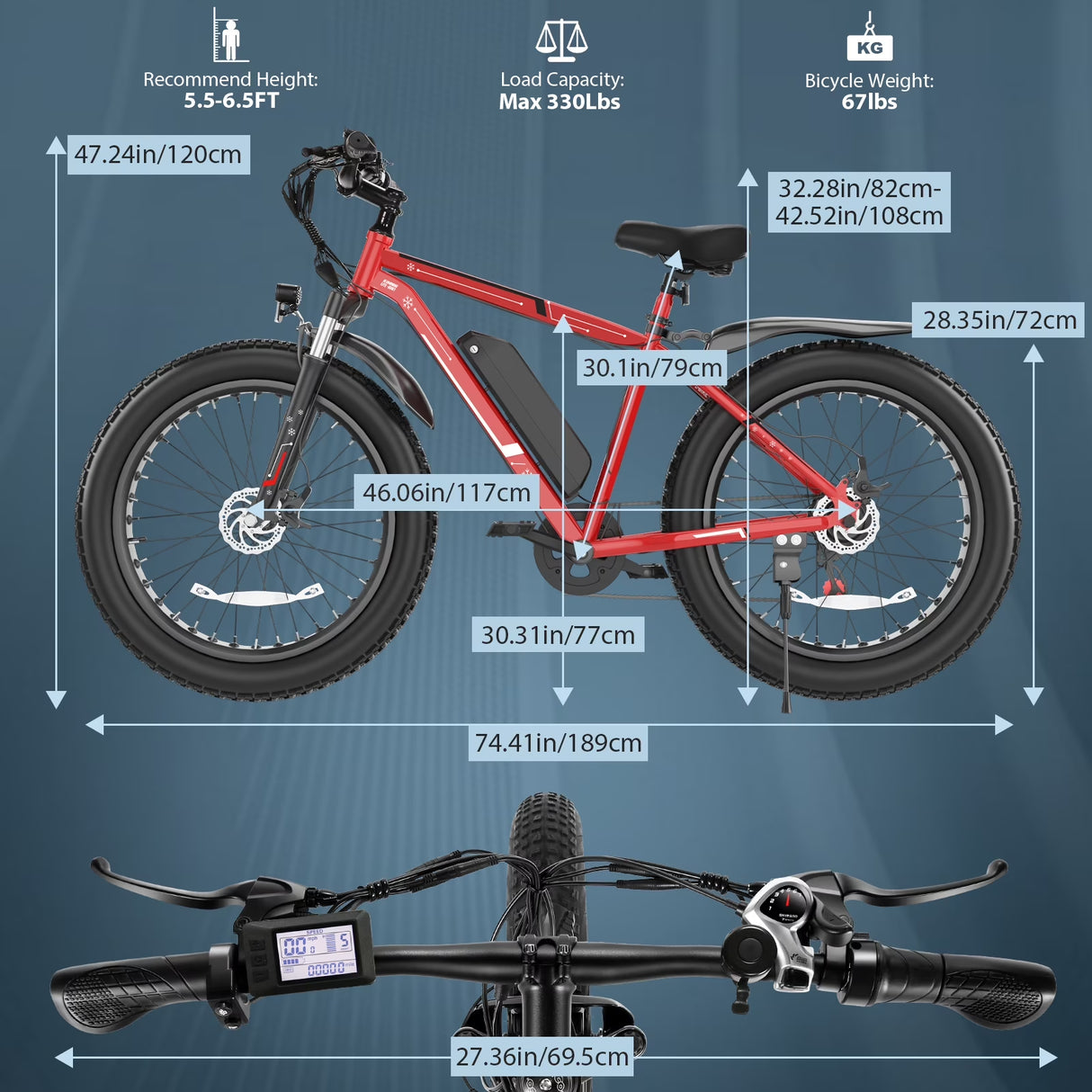 26"X4.0 Fat Tire Electric Bike, 624Wh Battery, 48V 500W Ebike Electric Mountain Bike, Cruise Control Mode, Adult E Bikes for Men, LCD Meter, 7-Speed Snow Bike Beach E-Bike for Adults UL2849