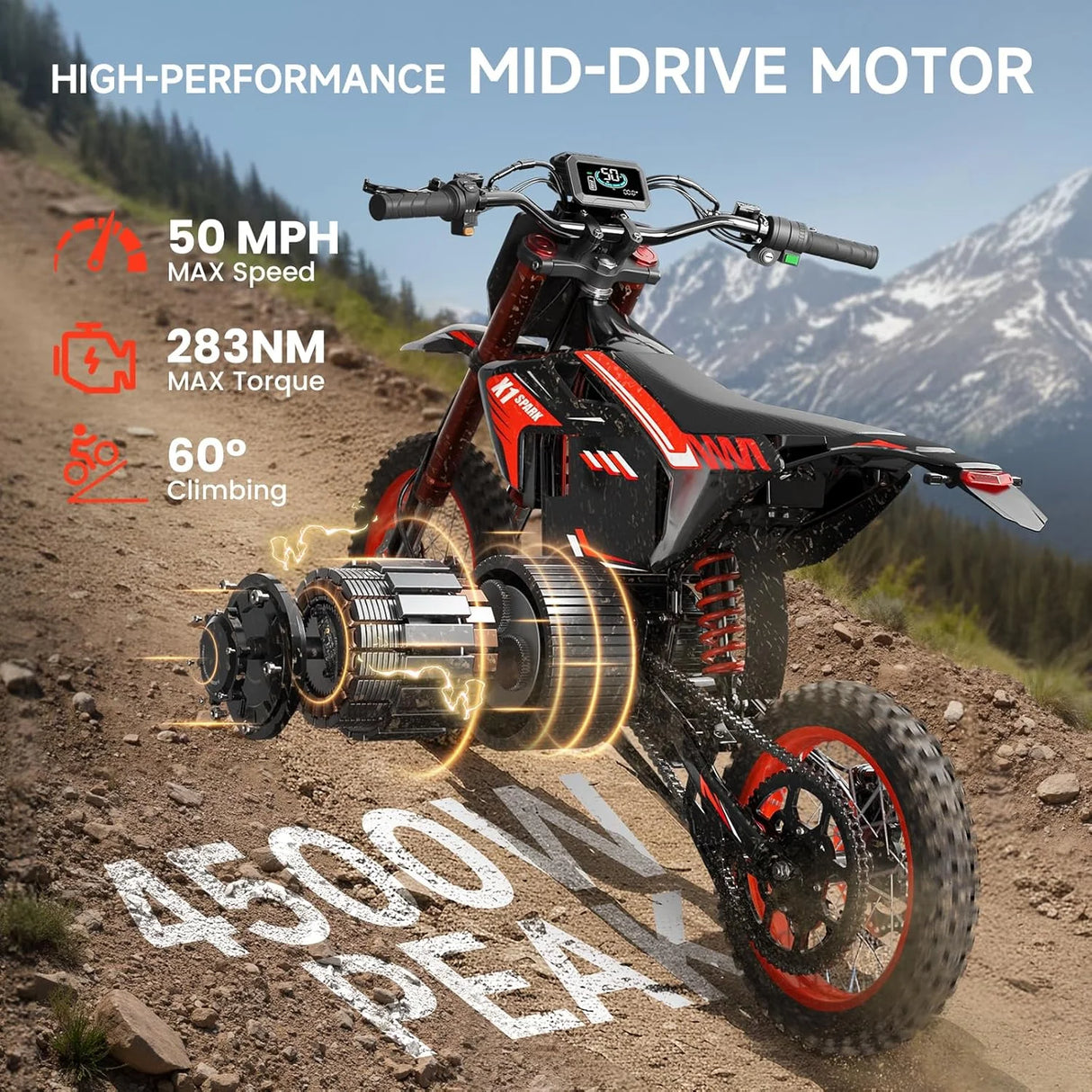 Electric Dirt Bike for Teens Adults, 4500W Peak Ebike, 60V 28.8Ah with 50MPH & 60 Miles Electric Mountain Bikes, 14"/12" Off-Road Tire E-Bike, Dual Hydraulic Brakes, Full Suspension, UL2849 Compliant