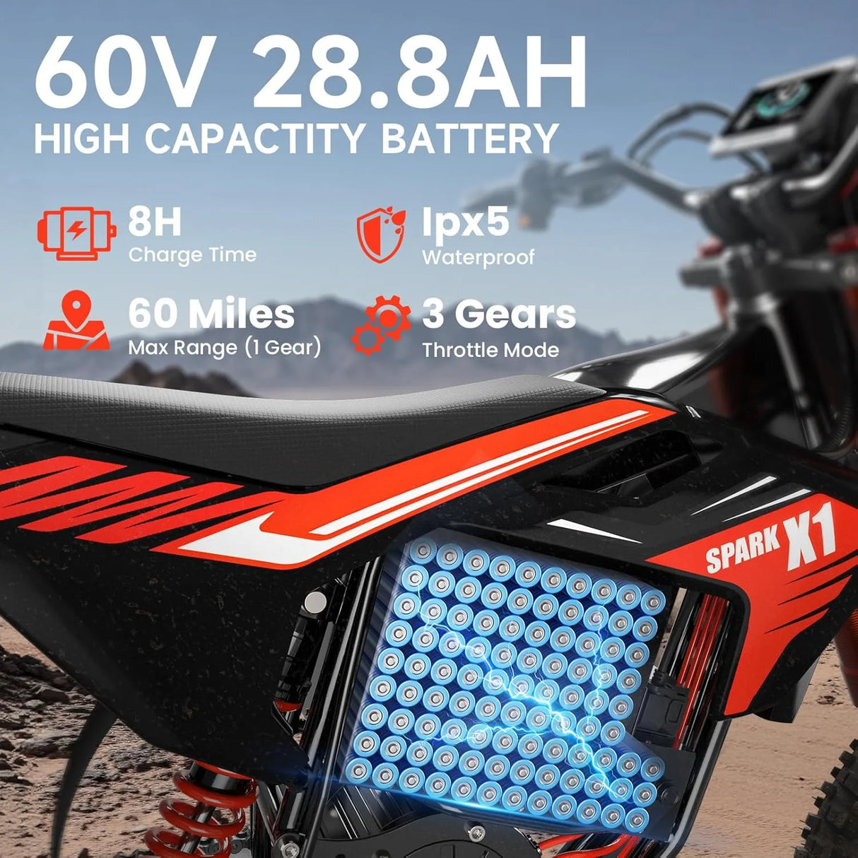 Electric Dirt Bike for Teens Adults, 4500W Peak Ebike, 60V 28.8Ah with 50MPH & 60 Miles Electric Mountain Bikes, 14"/12" Off-Road Tire E-Bike, Dual Hydraulic Brakes, Full Suspension, UL2849 Compliant
