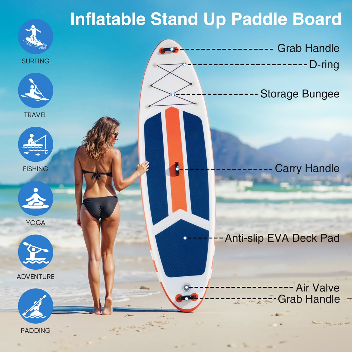 Inflatable Stand up Paddle Boards 10 Ft 5 in with Premium SUP Paddle Board Accessories, Wide Stable Design, Non-Slip Comfort Deck for Youth & Adults，Blue Orange