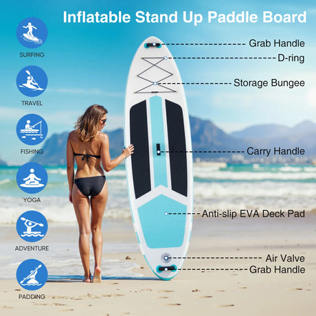 Inflatable Stand up Paddle Boards 10 Ft 5 in with Premium SUP Paddle Board Accessories, Wide Stable Design, Non-Slip Comfort Deck for Youth & Adults，Gray Blue