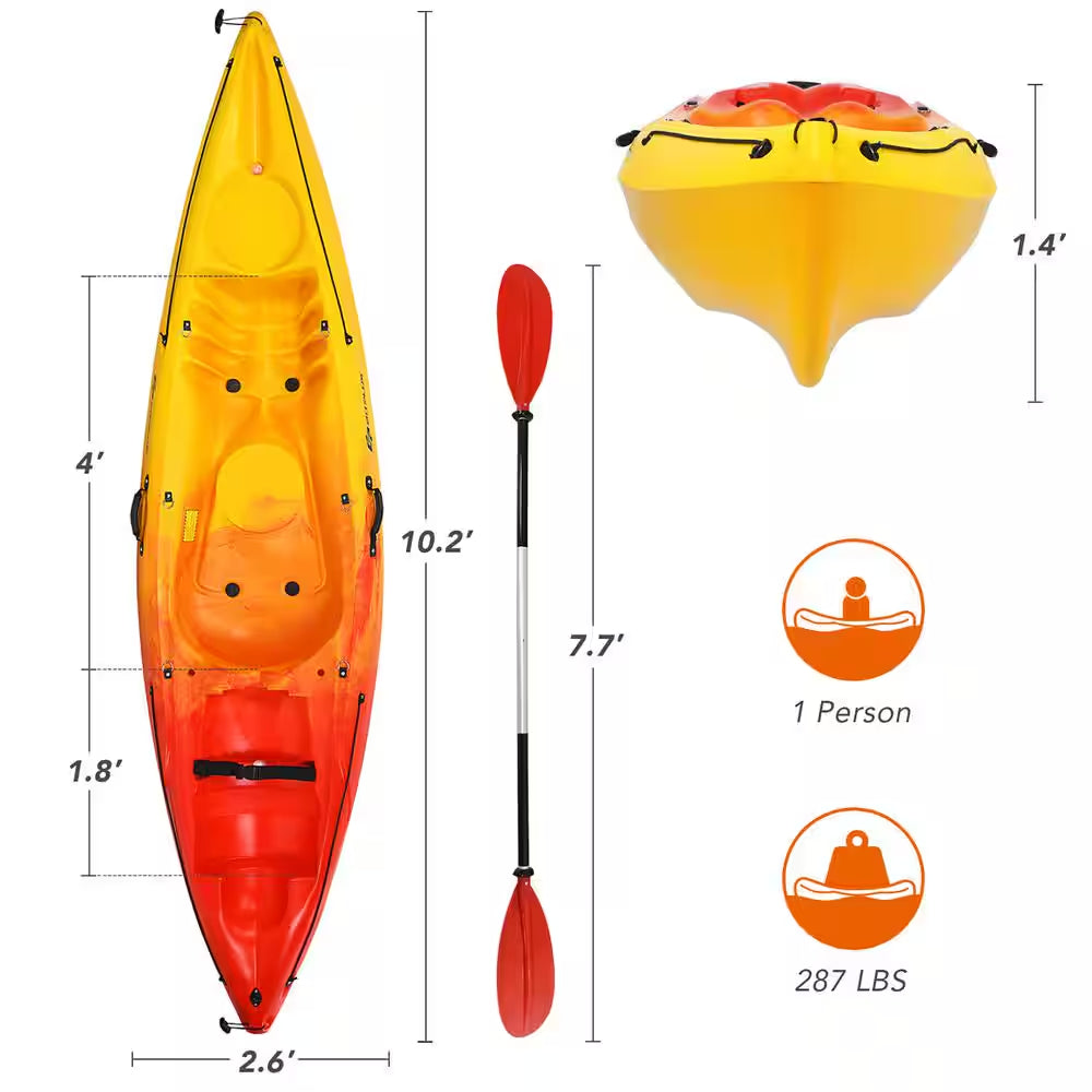 10.2 Ft. Orange Single Sit-On-Top Kayak 1-Person Kayak Boat with Detachable Aluminum Paddle