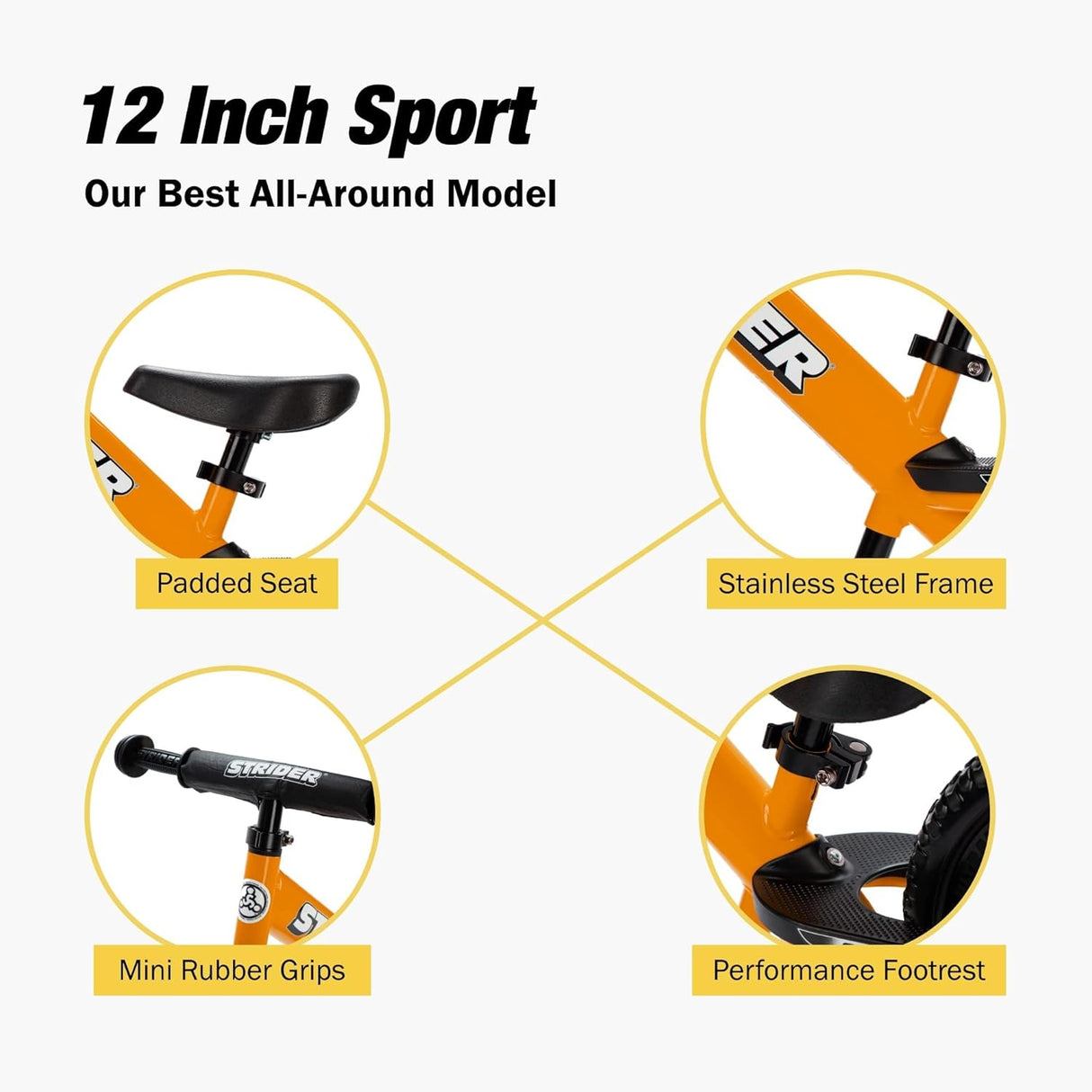 12” Sport Bike - No Pedal Balance Bicycle for Kids 1 to 4 Years - Includes Safety Pad, Padded Seat, Mini Grips & Flat-Free Tires - Tool-Free Assembly & Adjustments